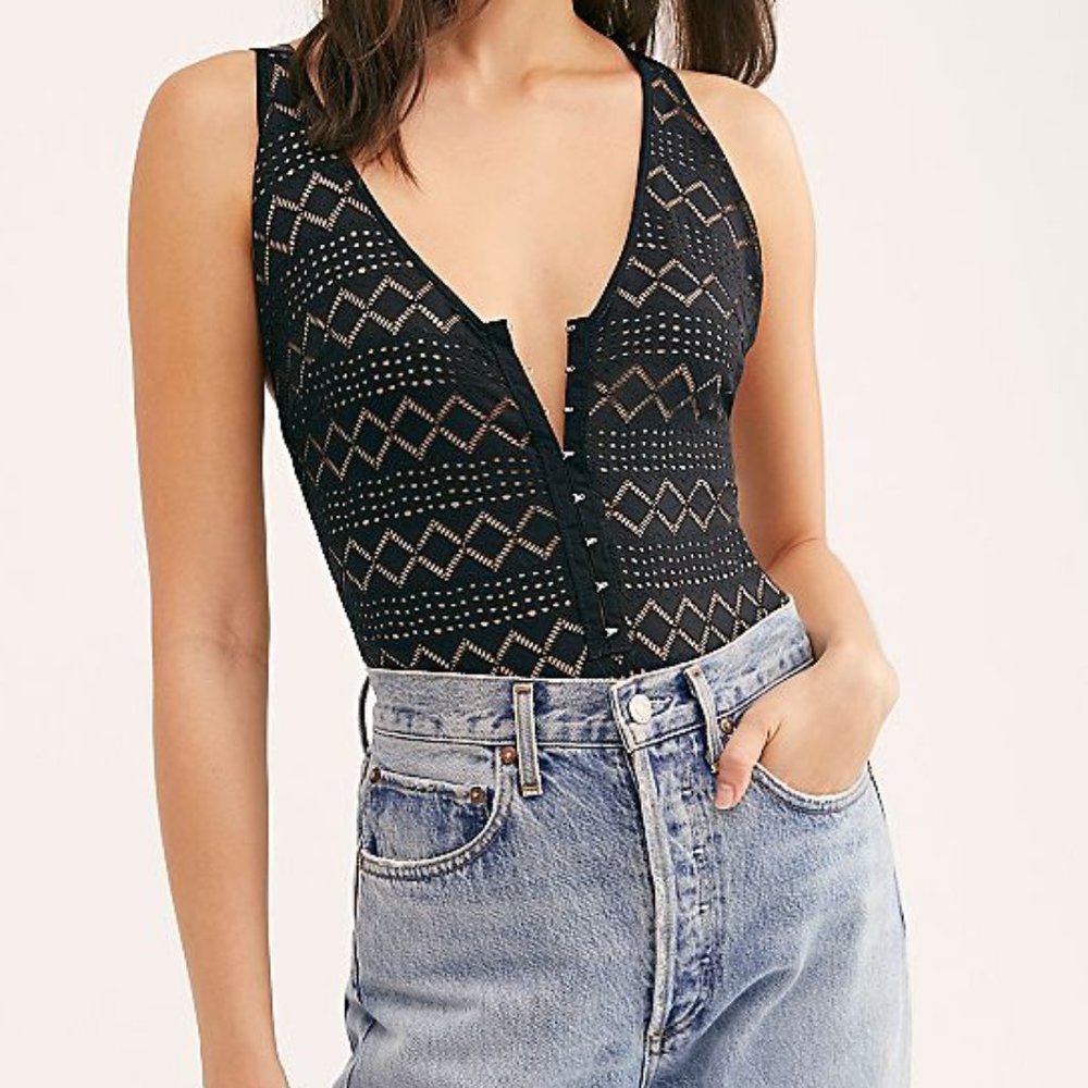 NEW Free People Thank You Never Bodysuit Geometric Lace Tank Crisscross Back - Picture 2 of 5